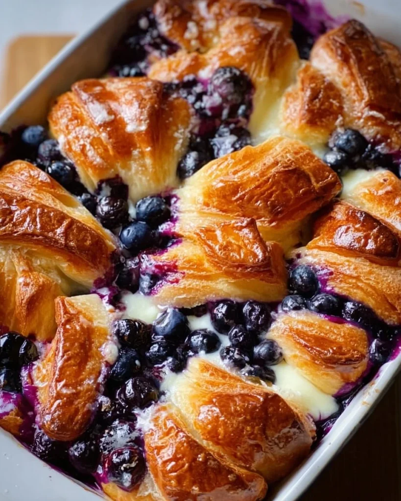 Blueberry Cream Cheese Croissant Casserole with fresh blueberries and cream cheese