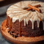 Slice of Brown Sugar Chai Cake topped with spices and a warm glaze.