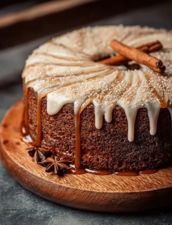 Slice of Brown Sugar Chai Cake topped with spices and a warm glaze.