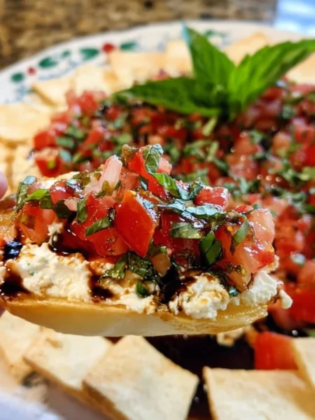 Delicious Bruschetta Dip served with crispy bread and fresh toppings