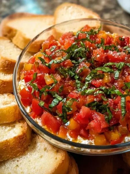 Delicious bruschetta dip served with fresh ingredients as an appetizer