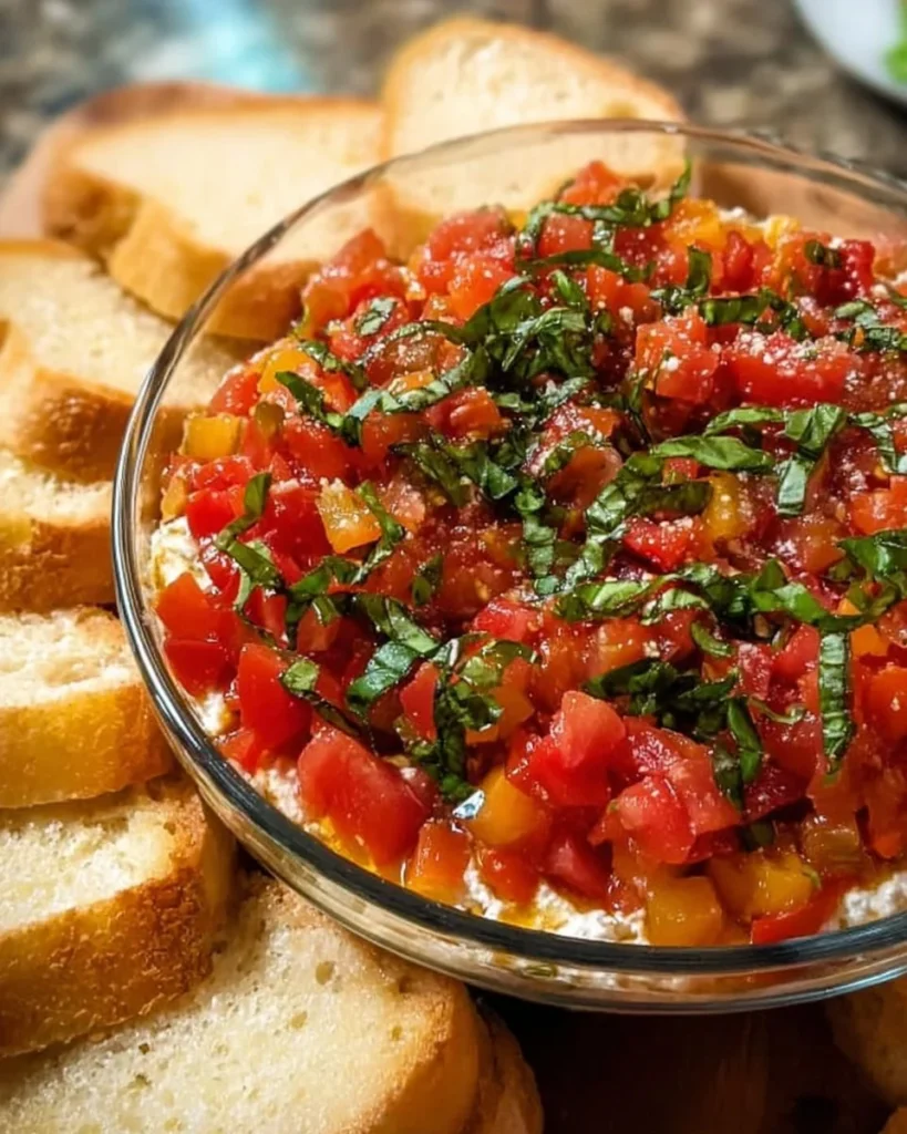 Delicious bruschetta dip served with fresh ingredients as an appetizer