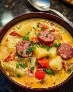 Bowl of delicious Cajun Potato Soup garnished with herbs and spices