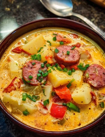 Bowl of delicious Cajun Potato Soup garnished with herbs and spices
