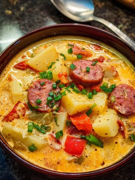 Bowl of delicious Cajun Potato Soup garnished with herbs and spices
