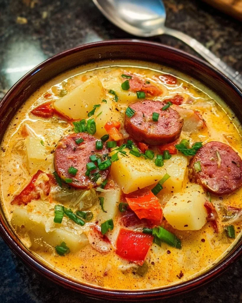 Bowl of delicious Cajun Potato Soup garnished with herbs and spices