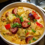 Bowl of spicy Cajun Potato Soup garnished with green onions and herbs
