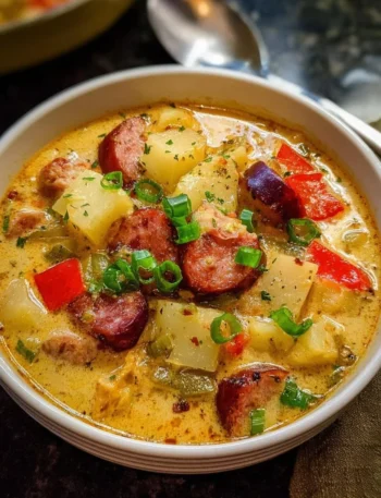 Bowl of spicy Cajun Potato Soup garnished with green onions and herbs