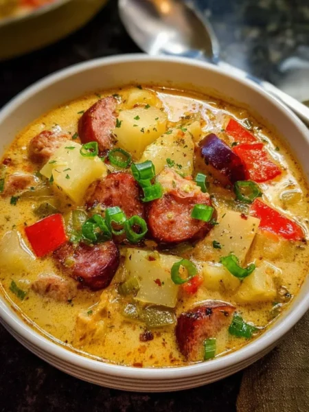 Bowl of spicy Cajun Potato Soup garnished with green onions and herbs