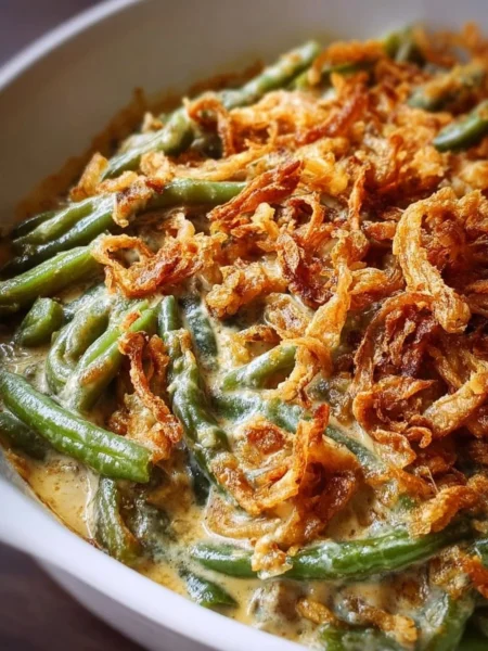 Creamy Campbell's green bean casserole topped with crispy onions