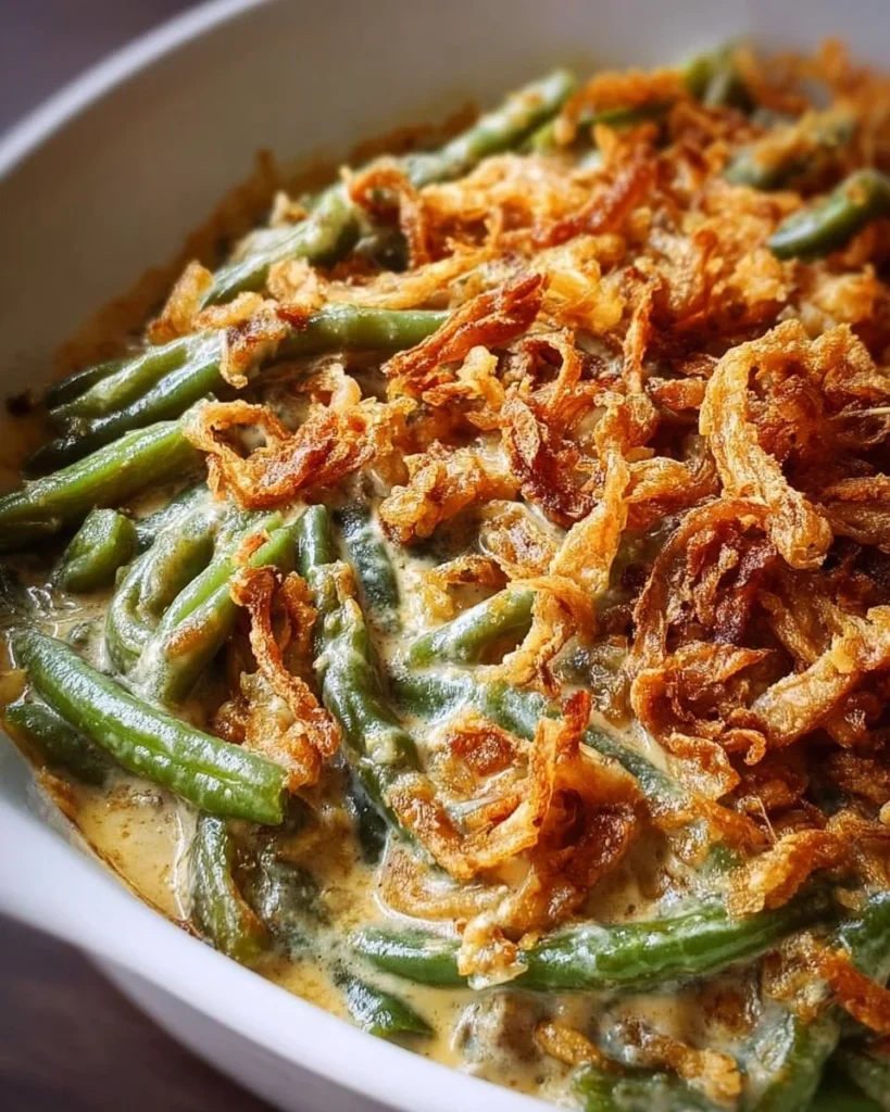 Creamy Campbell's green bean casserole topped with crispy onions