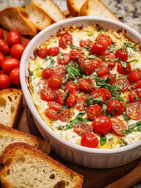 Delicious Caprese Dip served with fresh ingredients