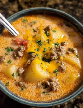 Bowl of cheesy beef potato soup with vegetables and cheese on top