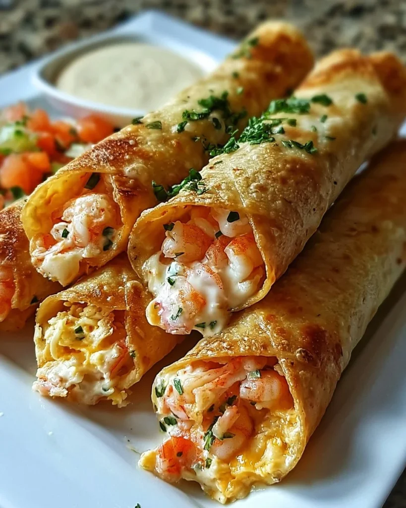 Delicious cheesy crab and shrimp taquitos served with salsa and lime.