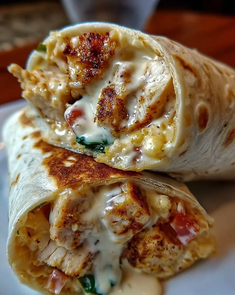 Delicious cheesy garlic chicken wraps ready to serve.