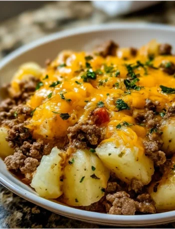 Delicious Cheesy Ground Beef & Potato Casserole served in a baking dish
