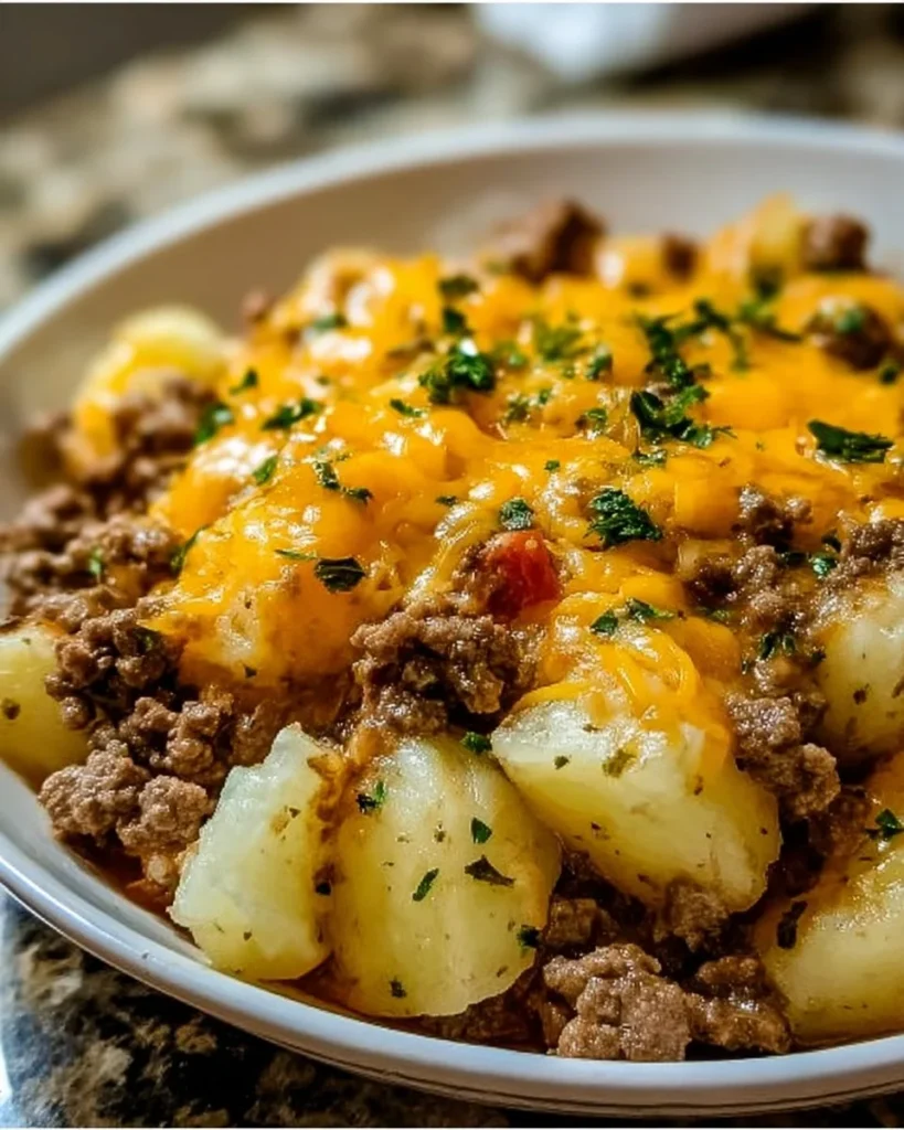Delicious Cheesy Ground Beef & Potato Casserole served in a baking dish