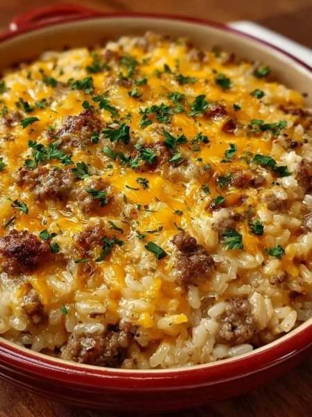 Cheesy Hamburger Rice Casserole served in a baking dish with melted cheese