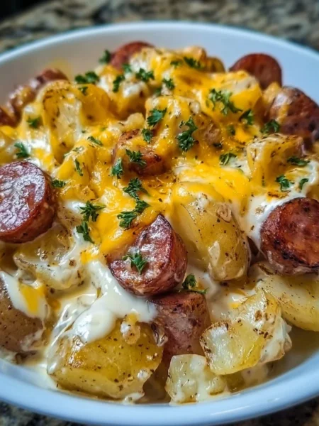 Baked cheesy ranch potatoes with smoked sausage in a serving dish