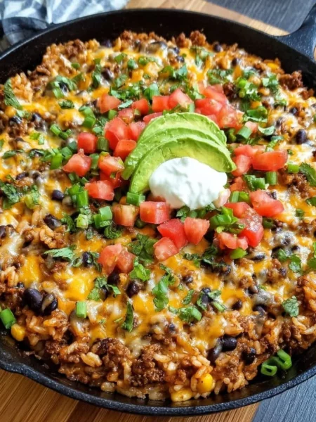 Cheesy taco rice skillet topped with melted cheese and fresh ingredients