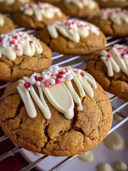 Chewy maple cinnamon cookies with white chocolate chips on a baking sheet.