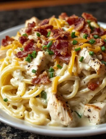Delicious Chicken Bacon Ranch Pasta with chicken, bacon, and ranch sauce