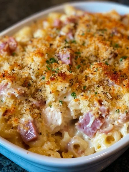 Delicious Chicken Cordon Bleu Casserole topped with melted cheese and crispy breadcrumbs.