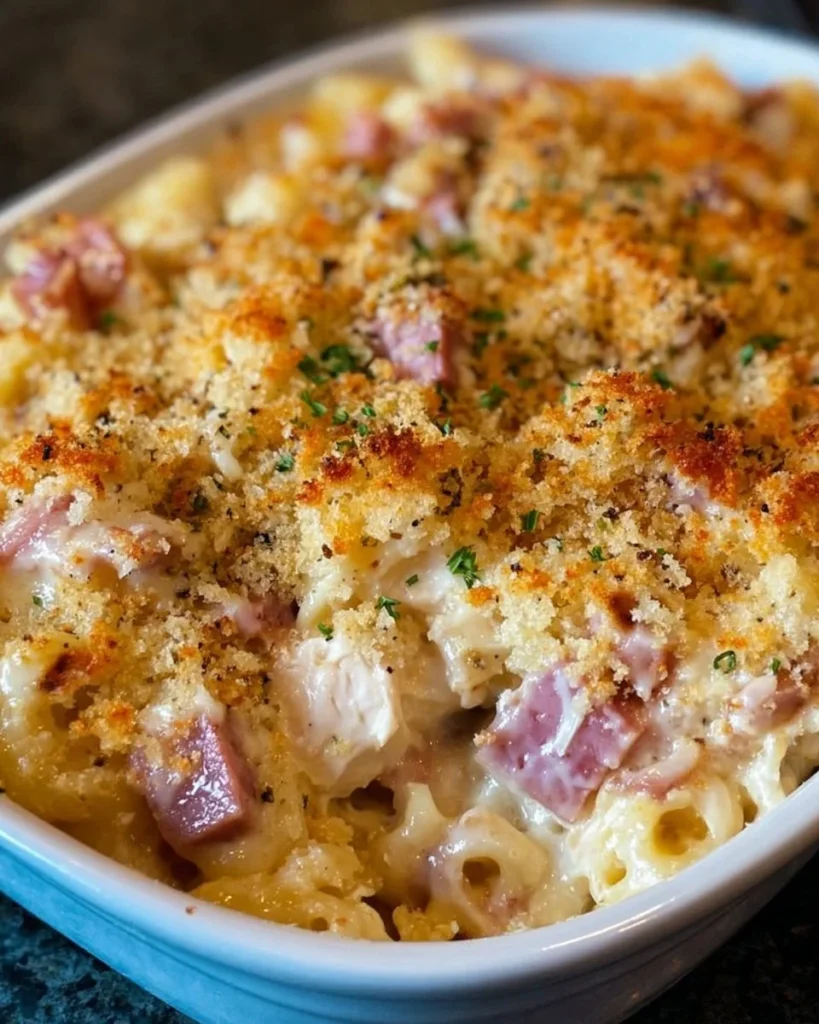 Delicious Chicken Cordon Bleu Casserole topped with melted cheese and crispy breadcrumbs.