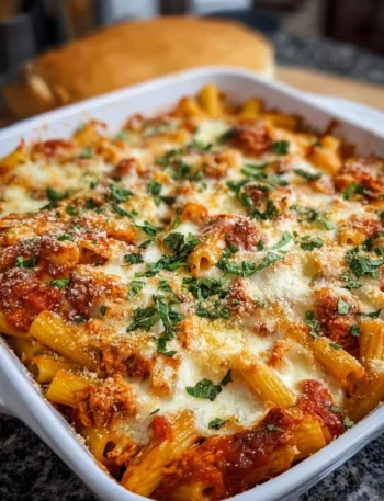 Delicious Chicken Parmesan Casserole topped with melted cheese and herbs.