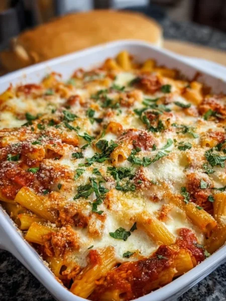 Delicious Chicken Parmesan Casserole topped with melted cheese and herbs.