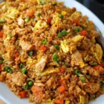 Delicious plate of Chinese Chicken Fried Rice with vegetables and egg