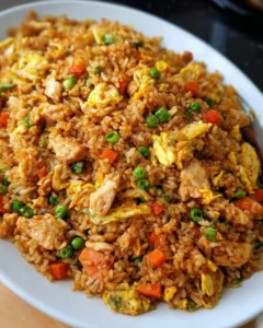 Delicious plate of Chinese Chicken Fried Rice with vegetables and egg