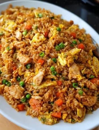 Delicious plate of Chinese Chicken Fried Rice with vegetables and egg