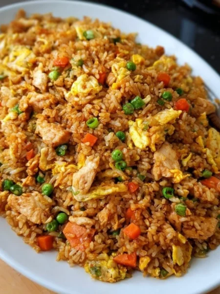 Delicious plate of Chinese Chicken Fried Rice with vegetables and egg