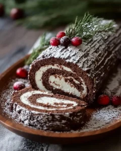 Delicious Chocolate Yule Log dessert decorated for Christmas celebration