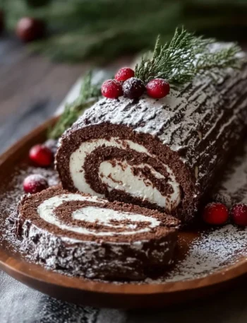 Delicious Chocolate Yule Log dessert decorated for Christmas celebration