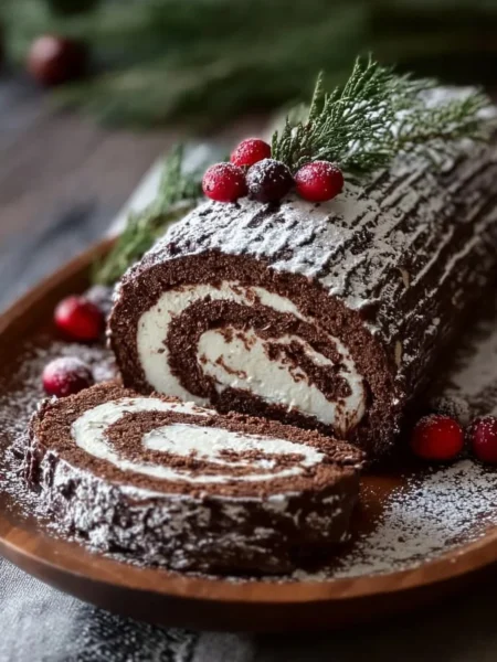 Delicious Chocolate Yule Log dessert decorated for Christmas celebration