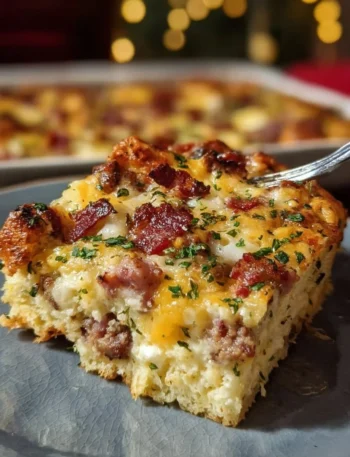 Delicious Christmas breakfast casserole with eggs, cheese, and festive ingredients.
