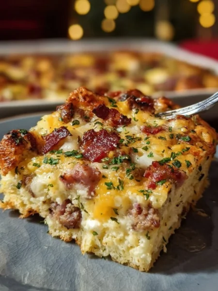 Delicious Christmas breakfast casserole with eggs, cheese, and festive ingredients.
