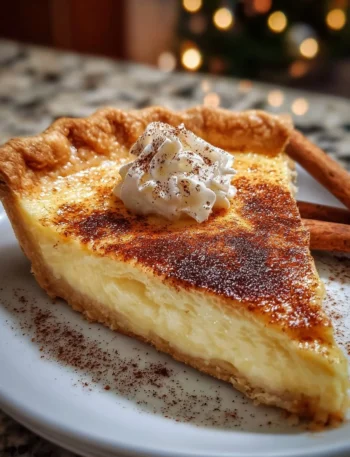 Delicious Christmas Eve Cinnamon-Vanilla Custard Pie served on a festive table.
