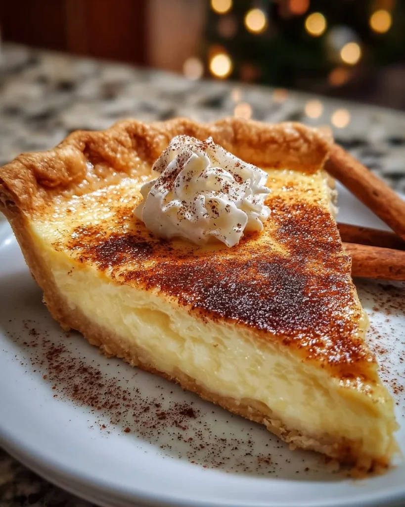 Delicious Christmas Eve Cinnamon-Vanilla Custard Pie served on a festive table.