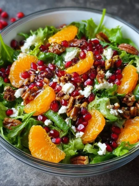 A vibrant Christmas salad with fresh greens, cranberries, and festive toppings.
