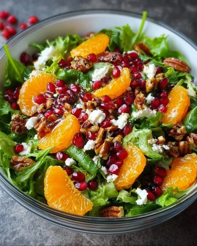 A vibrant Christmas salad with fresh greens, cranberries, and festive toppings.