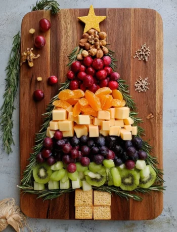 Christmas tree shaped charcuterie board filled with festive snacks and cheeses