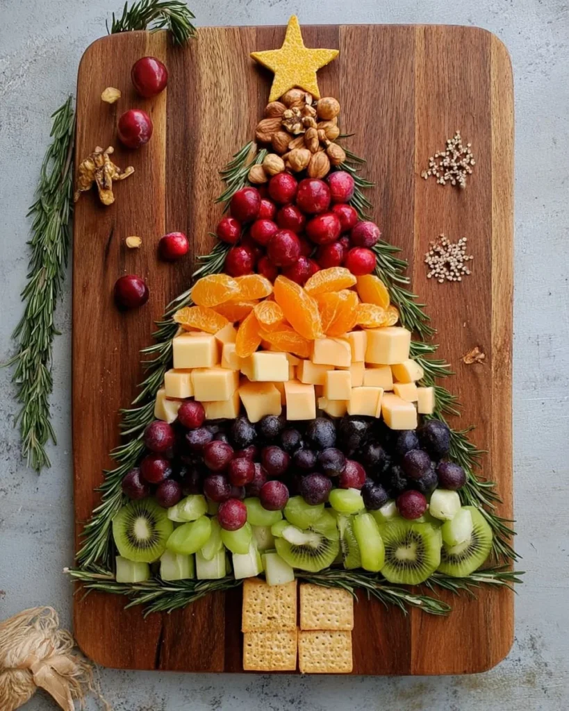 Christmas tree shaped charcuterie board filled with festive snacks and cheeses