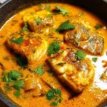 Delicious Coconut Fish Curry served in a bowl with fresh herbs