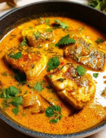 Delicious Coconut Fish Curry served in a bowl with fresh herbs