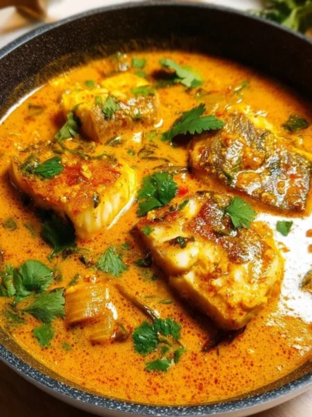 Delicious Coconut Fish Curry served in a bowl with fresh herbs