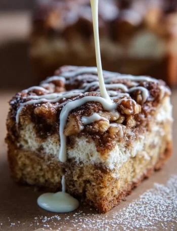 Delicious homemade coffee cake with a crumb topping and coffee cup