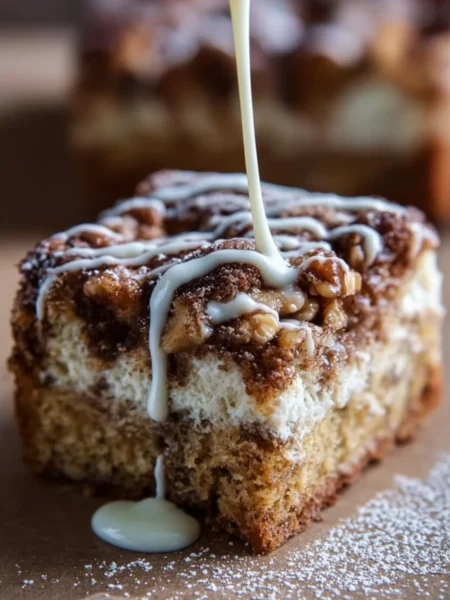 Delicious homemade coffee cake with a crumb topping and coffee cup